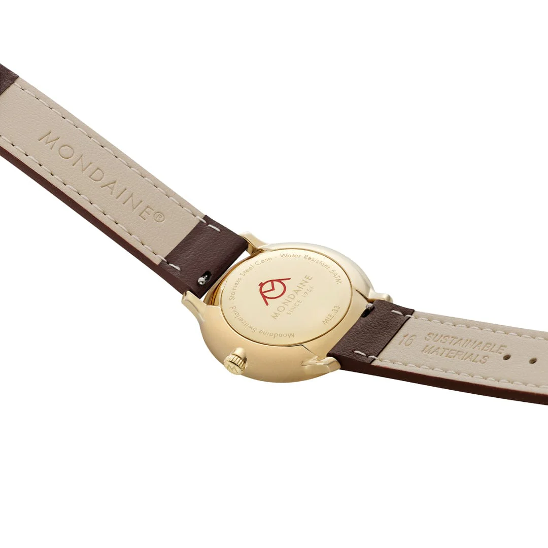 Doppio, Polished IP Gold Steel, 33 mm, Brown Vegan Grape Leather - Image 7